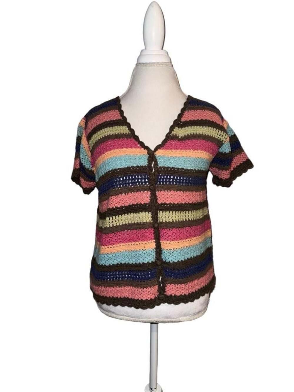 Vintage Crochet Striped V-Neck Short Sleeve Button-Up Cardigan Top Brown Multi